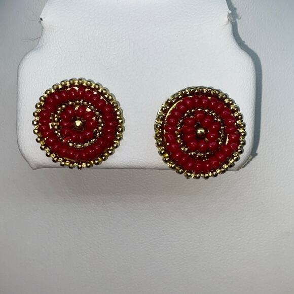 Gold-Tone Burgundy Red Beaded Stud Earrings - Picture 3 of 6